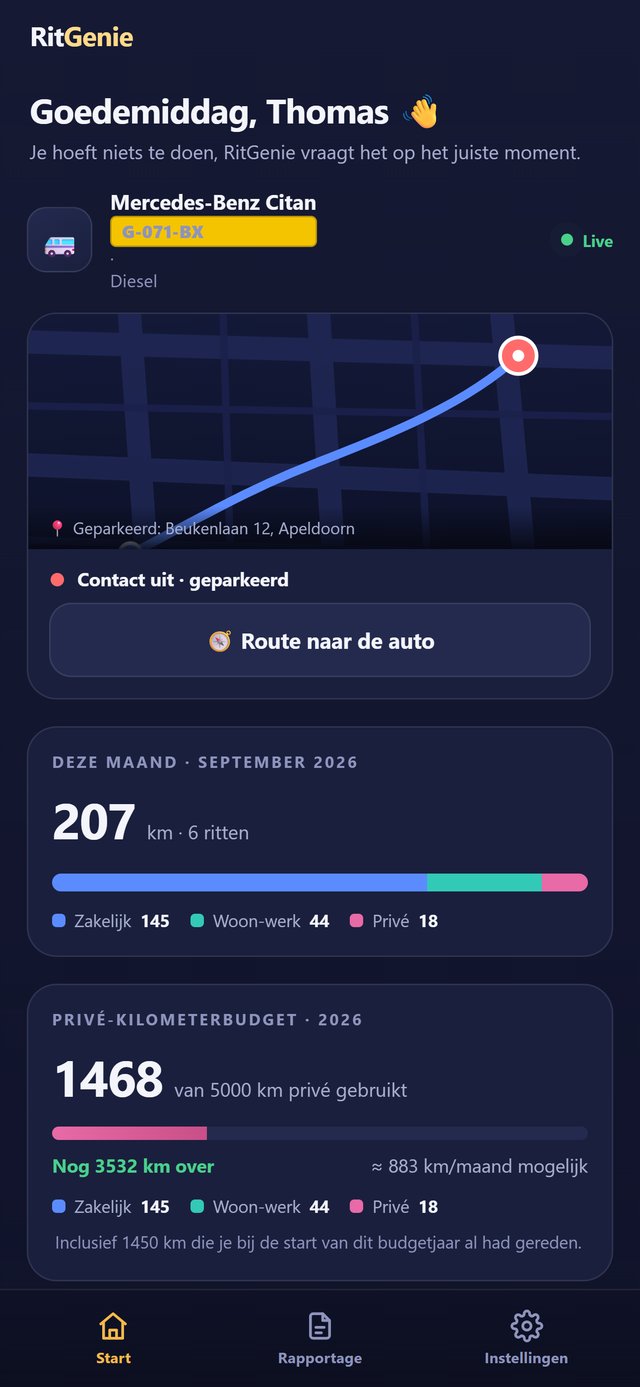 RitGenie dashboard with live map, monthly totals and private kilometre budget