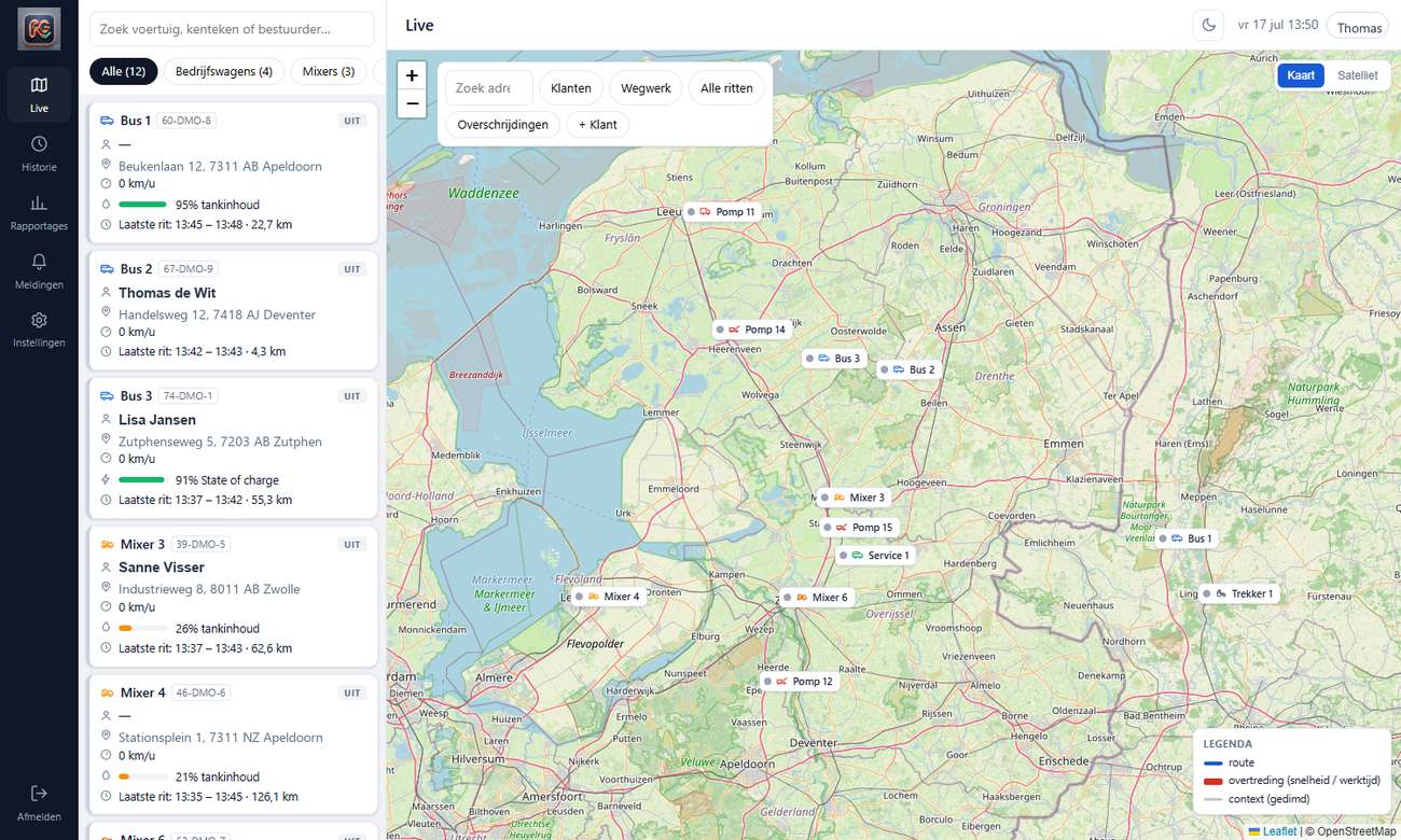 The RitGenie fleet portal: live map with all vehicles, and a vehicle list with driver, plate and status